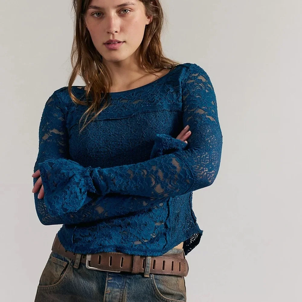 Free People Sheer Lace Flared Long Sleeve Top in Deep Dive, NWT, sizes M & L - Picture 1 of 3